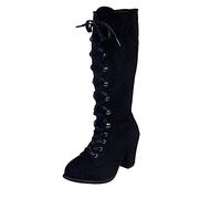 Genérico Botas Cowboy Mujer,Botas Mujer Invierno Estilo Romano de Ante con Cordones y Tacón Grueso Bota Casual con Media Caña Ligero Confort Multicolor para Oficina Fiesta Diario,Black,41