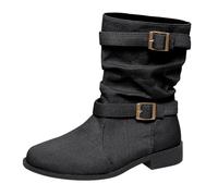 Genérico Botas De Mujer Planas Media CañA Bota Agua Zapatos Botines de tacón bajo con punta redonda y hebilla de mezclilla vintage de talla grande de color Botas Mujer Ancho Especial (Black, 41)