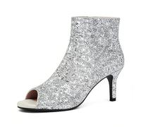 Genérico Botas De Verano De Tacón Alto para Mujer Punta Abierta Brillantes Zapatos De Boda para Novias Tacón De Aguja Zapatos De Fiesta Y Baile De Graduación con Cremallera,Plata,44 EU