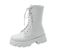 Genérico Botas Invierno Mujer,Botas Vaqueras Mujer de Invierno Media Caña con Cordones Delanteros y Cremallera Lateral, Bota Deportivas Tacón Ancho Puntera Redonda Casual para Diario,White,40
