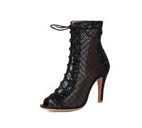 Genérico Botas Media Pantorrilla Malla Brillo Mujer Punta Abierta Cordones Delanteros Tacón Stiletto Cremallera Trasera Patrón Rejilla Fiesta Ocasión
