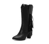 Genérico Botas Mujer Cowboy a Media Pantorrilla con Flecos - Bordado Estilo Oeste y Tacón de Bloque,Negro,37 EU