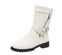 Genérico Botas Mujer Media Caña Botas Nieve Mujer Baratas Botas Planas de Media caña con Cremallera Lateral Vintage con Hebilla de cinturón de Cuero de Color Botas Cowboy de Mujer Marron (White, 38)