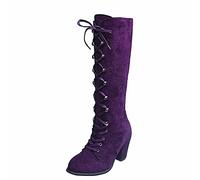 Genérico Botas Vaqueras Mujer,Botas Mujer Invierno Estilo Romano de Ante con Cordones y Tacón Grueso Bota Casual con Media Caña Ligero Confort Multicolor para Oficina Fiesta Diario,Purple,37