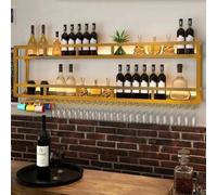 Genérico Botellero Industrial Moderno de Pared con luz LED, estantes flotantes de 2 Niveles y Soporte para Copas, Vitrina Dorada para vinos, Expositor Multifuncional para hogar y Bar (150 x 55 x 25 c