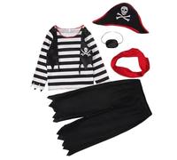 Genérico Boys Pirate Role Play Costume - Four Piece Kids Cosplay Outfit With Accessories | Striped Long Sleeve, Pants & Pirate Hat For Carnival, Halloween, Dress-Up