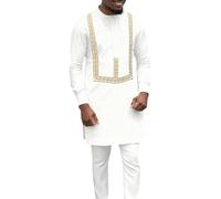 Genérico buho africano hombre Qamis ropa formal africana para hombres Dashiki camisa y pantalones traje de dos piezas traje tradicional manga larga chándal delgado fit, G1 blanco, S