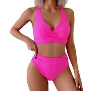 Genérico bvikinis para Mujeres 2026 Red Point Bikini Mujer Woman New Split Wrap Hollow out Bikini Solid Color Sexy High Waist Two Piece Set Bikinis Mujer 2026 Braga (Hot Pink, XXL)