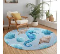 Genérico Caballito De Mar Y Concha con Temática De Playa Alfombra Redonda Estampada 60 cm, Lavable Lavadora Alfombra Dormitorio Antideslizante Tapete Sala para Cocina Halls Balcón, Azul Claro