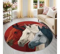 Genérico Caballos Alfombra Redonda Infantil 60 cm, Rojo Lavable y Antideslizante, Arte Digital Estilo Vintage Alfombra de Juegos Pelo Corto Segura