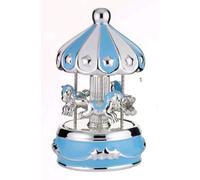 Generico Caja de música mecánica con forma de tiovivo con caballos giratorios, altura de 16 cm, para bombonera de bautizo y nacimiento, revestida de plata 925 % y cerámica esmaltada celeste, producto