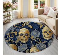 Genérico Calaveras Floral Rosas Enredaderas Alfombra Redonda Infantil 150 cm, Azul Dorado Lavable y Antideslizante, Clásico Bien Alfombra de Juegos Pelo Corto Segura