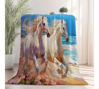 Genérico Cálida Manta de Franela 127 x 152 cm - no se desprende Frazada Estampado Pintura Al Óleo Playa Blanco Caballo, Azul Ligera no Hace Bolitas Manta para sofá Cama Coche decoración
