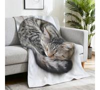 Genérico Cálida Realismo Manta Franela Tranquilo Lindo Gato Reversible Blanket para Cama y Sofá 150 x 150cm,Gris Blanco
