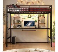 Genérico Cama Litera con Escritorio,Cama Loft de Metal con Escritorio y Estantes,Camas Altas Matrimonio, 90 x 190 cm, Negro