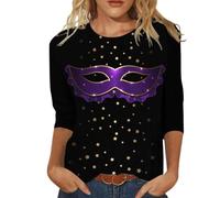 Genérico Camestas Carnaval Mujer - Camiseta De Carnaval Mujeres Blusa Superior con Cuello Redondo y Manga 3/4 con Estampado Happy Holidays para Mujer (Purple XL)