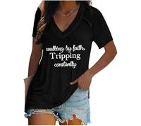 Genérico Caminar por fe tropeza constantemente camiseta divertida fe cristiana Biblia camiseta camisas cristianas camisetas inspiradoras lealtad religiosas para mujeres, Negro , XL