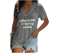 Genérico Caminar por fe tropeza constantemente camiseta divertida fe cristiana Biblia camiseta camisas cristianas camisetas inspiradoras lealtad religiosas para mujeres, gris, XL