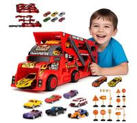 Genérico Camión Transportador TIR Rojo con 6 Coches Miniaturas, Lanzador de Coche, 3 Niveles de Remolque, Juguete para Niños 3+ Años - Kruzzel (Rojo)