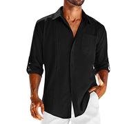 Genérico Camisa Blanca Hombre Verano - Camisa de Manga Larga de Solapa con Hebilla de Bolsillo de Temperamento Adelgazante de Lino de algodón para Hombre (Black XL)