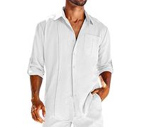 Genérico Camisa Casual para Hombres - Camisa de Manga Larga de Solapa con Hebilla de Bolsillo de Temperamento Adelgazante de Lino de algodón para Hombre (White XL)