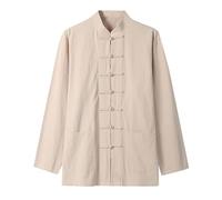 Generico Camisa de hombre elegante de tela de algodón y lino para casual de verano con mangas largas y diseño fuera de los pantalones, beige, L