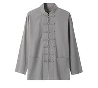 Generico Camisa de hombre elegante de tela de algodón y lino para casual de verano con mangas largas y diseño fuera de los pantalones, gris, 3XL