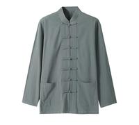 Generico Camisa de hombre elegante de tela de algodón y lino para casual de verano con mangas largas y diseño fuera de los pantalones, Verde, L