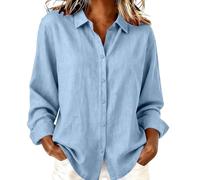 Generico Camisa de mujer de manga larga - Camiseta de mujer con cuello en V Blusa Button Down Cierre frontal Shirt Algodón Lino Suave Summer Tops Color sólido Tallas Grandes Túnica de trabajo Elegante