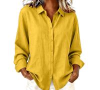 Generico Camisa de mujer de manga larga - Camiseta de mujer con cuello en V Blusa Button Down Cierre frontal Shirt Algodón Lino Suave Summer Tops Color sólido Tallas Grandes Túnica de trabajo Elegante