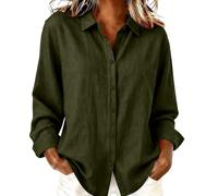 Generico Camisa de mujer de manga larga - Camiseta de mujer con cuello en V Blusa Button Down Cierre frontal Shirt Algodón Lino Suave Summer Tops Color sólido Tallas Grandes Túnica de trabajo Elegante