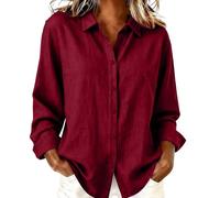 Generico Camisa de mujer de manga larga - Camiseta de mujer con cuello en V Blusa Button Down Cierre frontal Shirt Algodón Lino Suave Summer Tops Color sólido Tallas Grandes Túnica de trabajo Elegante