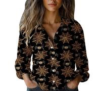 Generico Camisa de mujer de manga larga Halloween impresión de verano camisas de lino algodón elegante Blusa con botones y bolsillo camisa mujer de trabajo casual top blusa de playa clásica, 04#black
