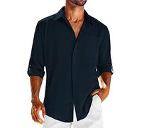 Genérico Camisa De Verano Hombre - Camisa de Manga Larga de Solapa con Hebilla de Bolsillo de Temperamento Adelgazante de Lino de algodón para Hombre (Navy L)