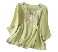 Genérico Camisa Holgada Elegante de Verano para Mujer, con Mangas Cinco Cuartos, Estilo Retro literario, Cuello Redondo y Bordado (Green, XL)