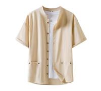 Genérico Camisa Hombre Manga Corta de Mezcla de Lino Y Algodón Cuello Mao Abrigos de Lino para Hombre China Hecho A Mano Kung Fu Tai Chi Chaqueta de Algodón de Sastre