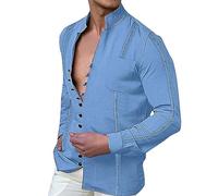 Genérico Camisa Hombre Manga Larga de Algodón Lino Cuello Alto para Diario Estilo Joven, azul, XXL