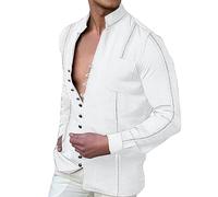 Genérico Camisa Hombre Manga Larga de Algodón Lino Cuello Alto para Diario Estilo Joven, blanco, S