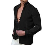 Genérico Camisa Hombre Manga Larga de Algodón Lino Cuello Alto para Diario Estilo Joven, Le Noir, XXL