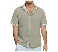 Genérico Camisa Lino Blanca Hombre - Camisas Hombre Cárdigan con Botones y Cuadros de Retazos Europeos para Hombre Camisa Informal Holgada de Manga Corta con Tendencia de Negocios y Comercio Exterior