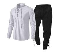 Genérico Camisa Medievale Hombre Lino - Conjunto Camisa Pantalones Hombre Camisa Manga Larga Tops Con Cordón De Ajuste Tops Cómodo Camiseta Unie Pantalones Conbrida Tobillo Conjunto, blanco, M