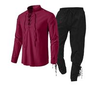 Genérico Camisa Medievale Hombre Lino - Conjunto Camisa Pantalones Hombre Camisa Manga Larga Tops Con Cordón De Ajuste Tops Cómodo Camiseta Unie Pantalones Conbrida Tobillo Conjunto, rojo, M