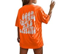 Genérico Camisa Mujer Lino Algodón Manga Corta Things Are Coming Estampada con para Camiseta De Cuello Top Informal Ligera Y Verano Tallas Grandes Basica Tunica Camisetas Basicas Media Ropa Naranja L