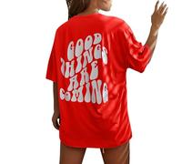 Genérico Camisa Mujer Lino Algodón Manga Corta Things Are Coming Estampada con para Camiseta De Cuello Top Informal Ligera Y Verano Tallas Grandes Basica Tunica Camisetas Basicas Media Ropa Rojo L
