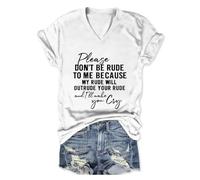 Genérico Camisa Mujer Verano Algodón Manga Corta Divertida para con Texto por No Seas Grosero Conmigo Cuello En V Corta Sarcástica Humorística Mamá Tops De Camiseta Womens T Shirts Blanco XXL