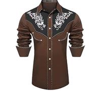 Generico Camisa occidental de hombre estilo vaquero, blusa de verano de manga larga con estampado vintage, top casual regular fit, marrón, 4XL