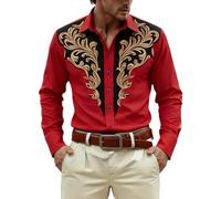 Genérico Camisa Western Cowboy para hombre con bordado salvaje oeste traje de carnaval noche disfrazado camisa africana de manga larga impresa Patchwork Tribal Dashiki, rojo, XXL