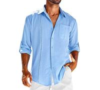 Genérico Camisas Hombre Regular Fit - Camisa de Manga Larga de Solapa con Hebilla de Bolsillo de Temperamento Adelgazante de Lino de algodón para Hombre (Light Blue XXL)