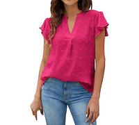 Genérico Camisas Mujer Manga Corta Blusas con Volantes De Cuello En V A La para Ropas Tops Camisetas Basica Roupa Mulher Camiseta Tallas Grandes Top Ropa Verano Summer For Women Algodon Rosa Caliente