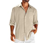 Genérico Camisas para Hombre - Camisa de Manga Larga de Solapa con Hebilla de Bolsillo de Temperamento Adelgazante de Lino de algodón para Hombre (Khaki L)
